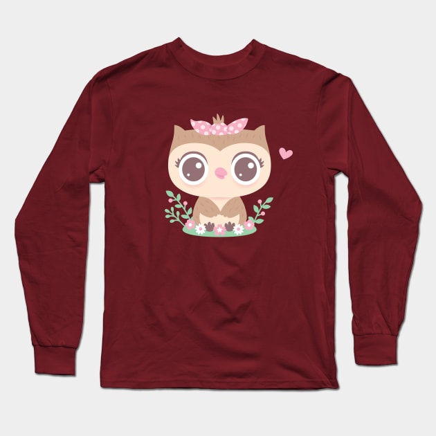 Cute Baby Owl With Pink Bow Long Sleeve T-Shirt by rustydoodle